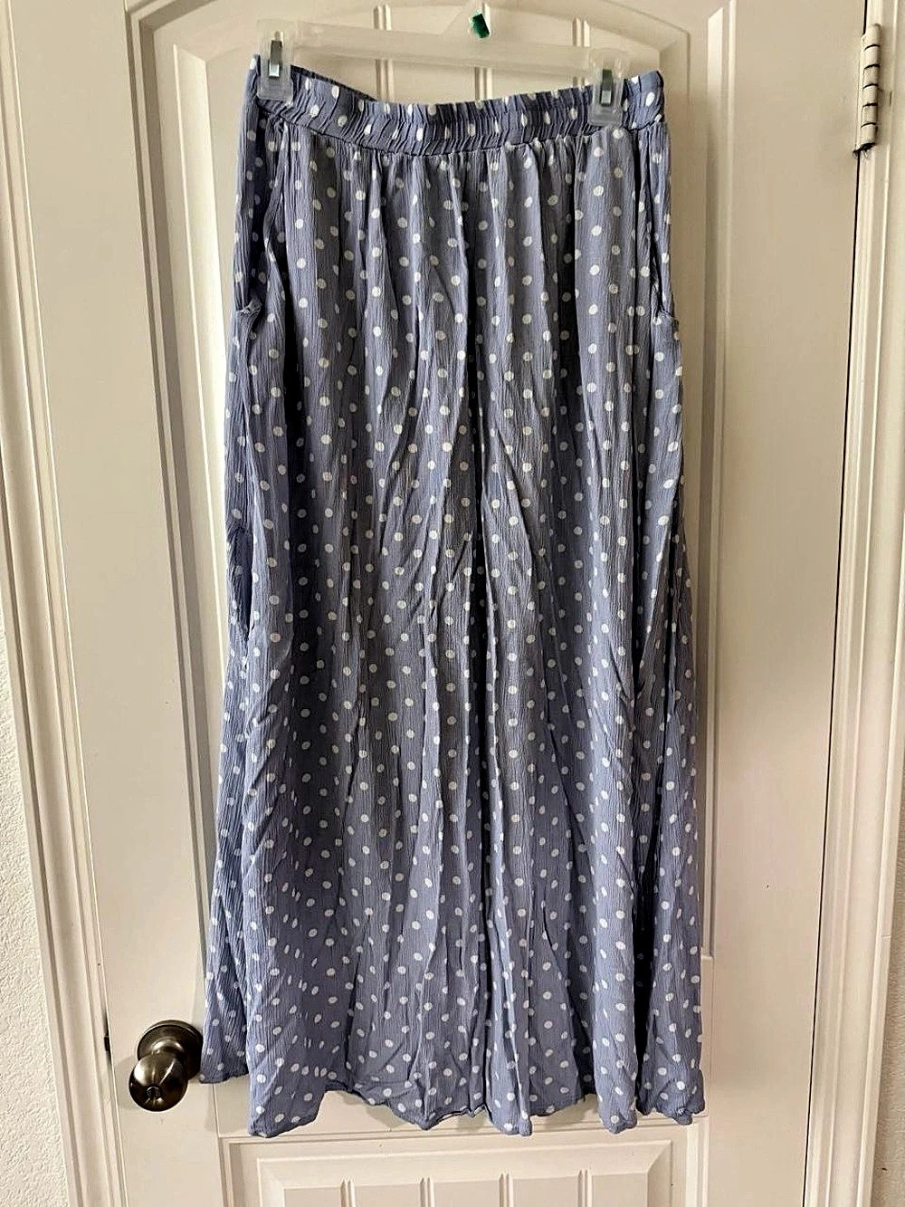 Wide Leg Polka Dot Rayon Pants in Blue & White Like New